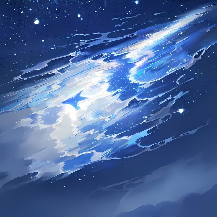 Painted blue water reflecting a sky full of stars